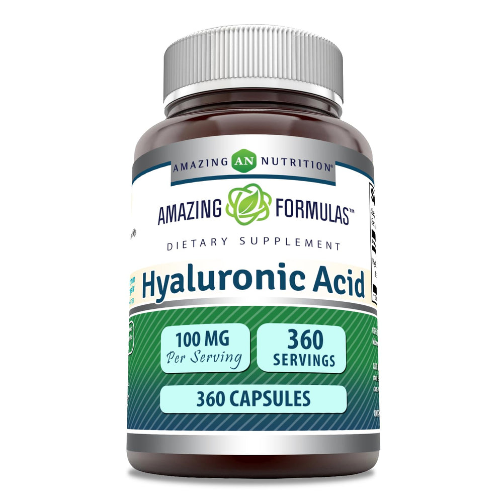 Amazing Nutrition hyaluronic acid bottle for daily wellness, 100 mg per serving.