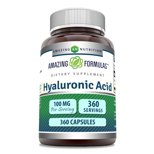 Amazing Nutrition hyaluronic acid bottle for daily wellness, 100 mg per serving.