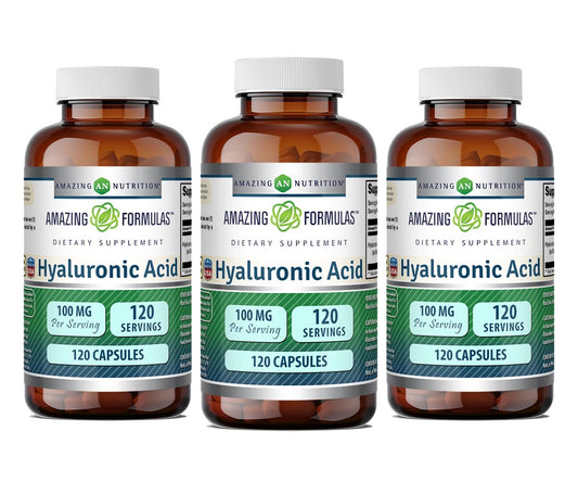 Amazing Nutrition Hyaluronic Acid 100 mg capsules for daily hydration support.