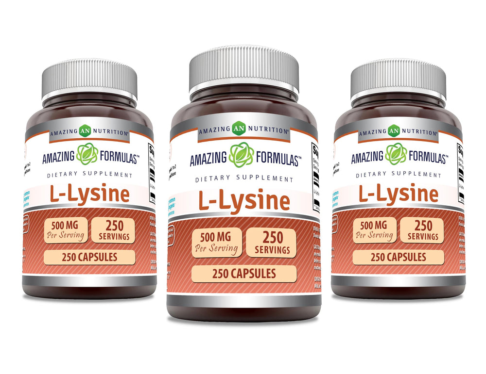 Amazing Nutrition L-Lysine 500 mg bottle front shows non-GMO and gluten-free labels.