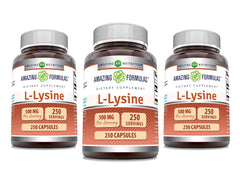Amazing Nutrition L-Lysine 500 mg bottle front shows non-GMO and gluten-free labels.