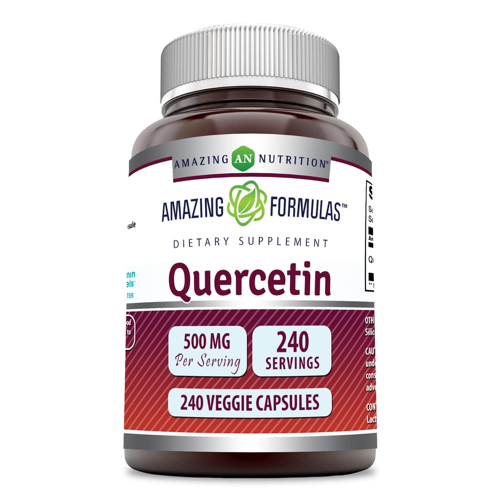 Amazing Nutrition Quercetin 500mg veggie capsules bottle front highlights non-GMO, gluten-free formula.