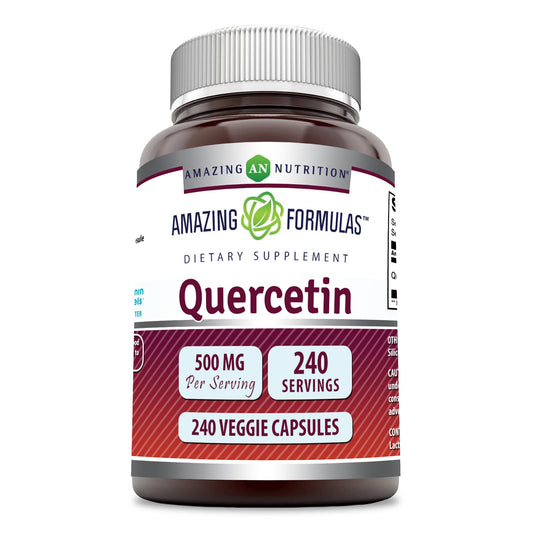 Amazing Nutrition Quercetin 500mg veggie capsules bottle front highlights non-GMO, gluten-free formula.