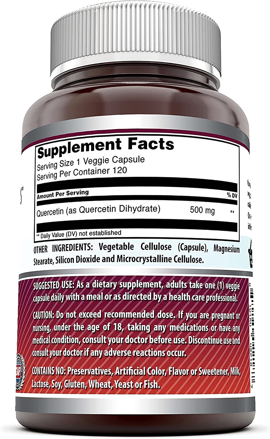 Amazing Nutrition Quercetin 500mg veggie capsules label highlights non-GMO and gluten-free features