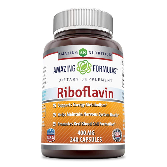 Amazing Nutrition riboflavin bottle showing 400 mg per capsule for daily wellness