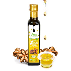 Amazon Andes Sacha Inchi Oil bottle on kitchen counter, premium packaging for omega nutrition.