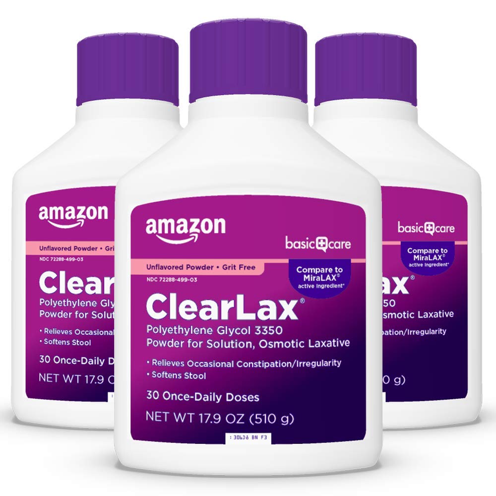 Amazon Basic Care ClearLax packaging tub ready for convenient occasional constipation support.
