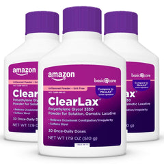 Amazon Basic Care ClearLax packaging tub ready for convenient occasional constipation support.