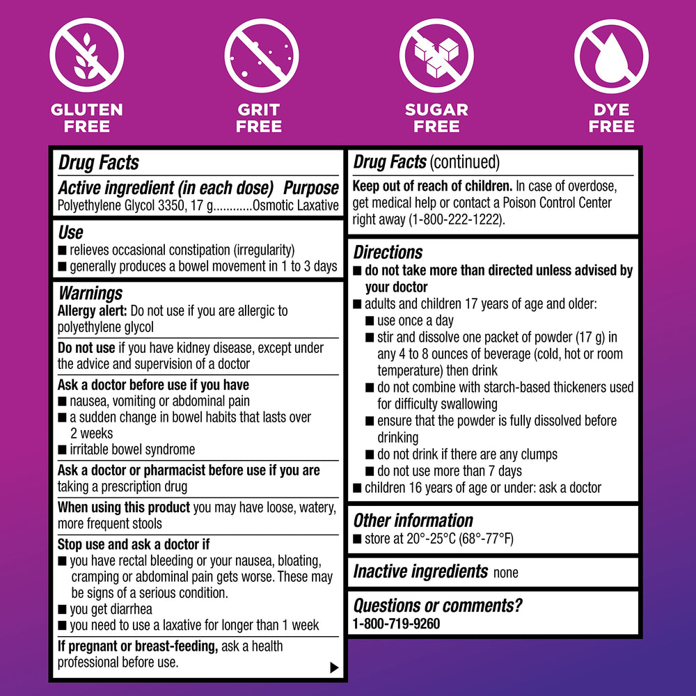 Sugar-free ClearLax label highlighting dietary compatibility.
