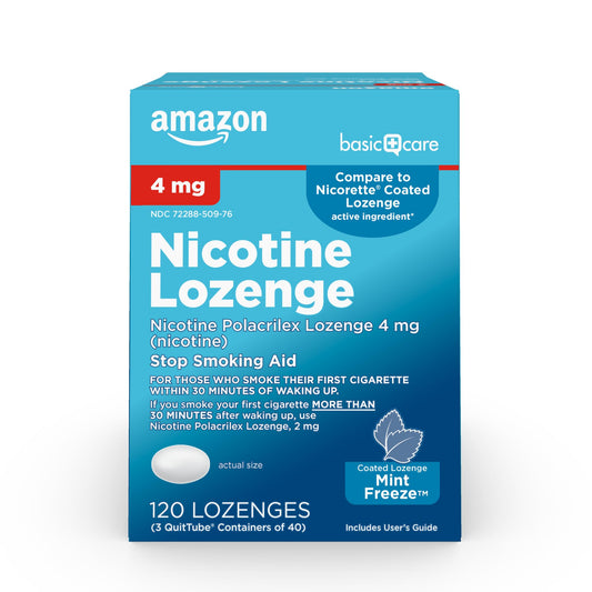 Amazon Basic Care coated ice mint lozenge pack for discreet craving relief.