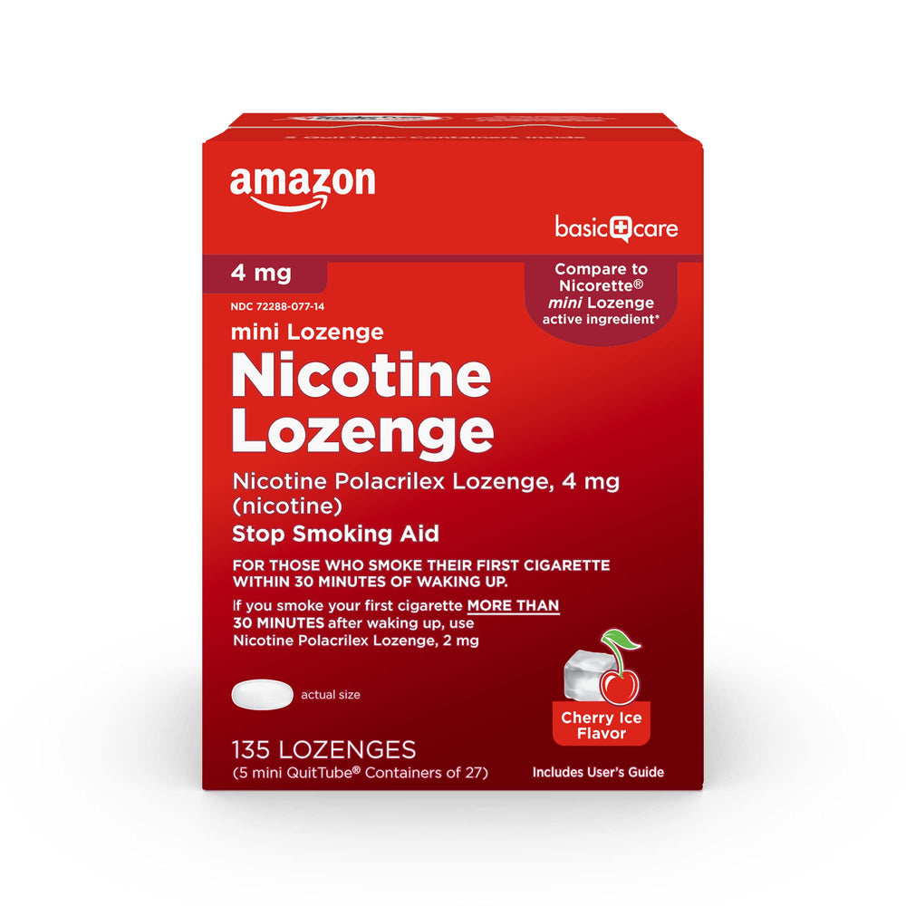 Amazon Basic Care mini nicotine lozenge Cherry Ice packaging shows 135 count.