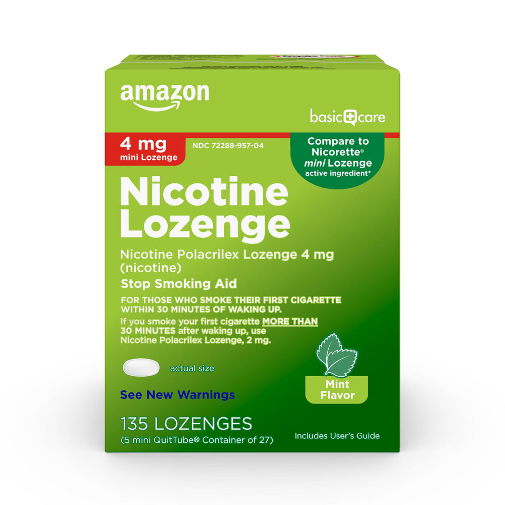 Amazon Basic Care Mini Nicotine Lozenge mint packaging close-up for discreet craving relief