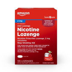 Amazon Basic Care mini lozenge bottle front view with cherry ice flavor for on-the-go cravings.