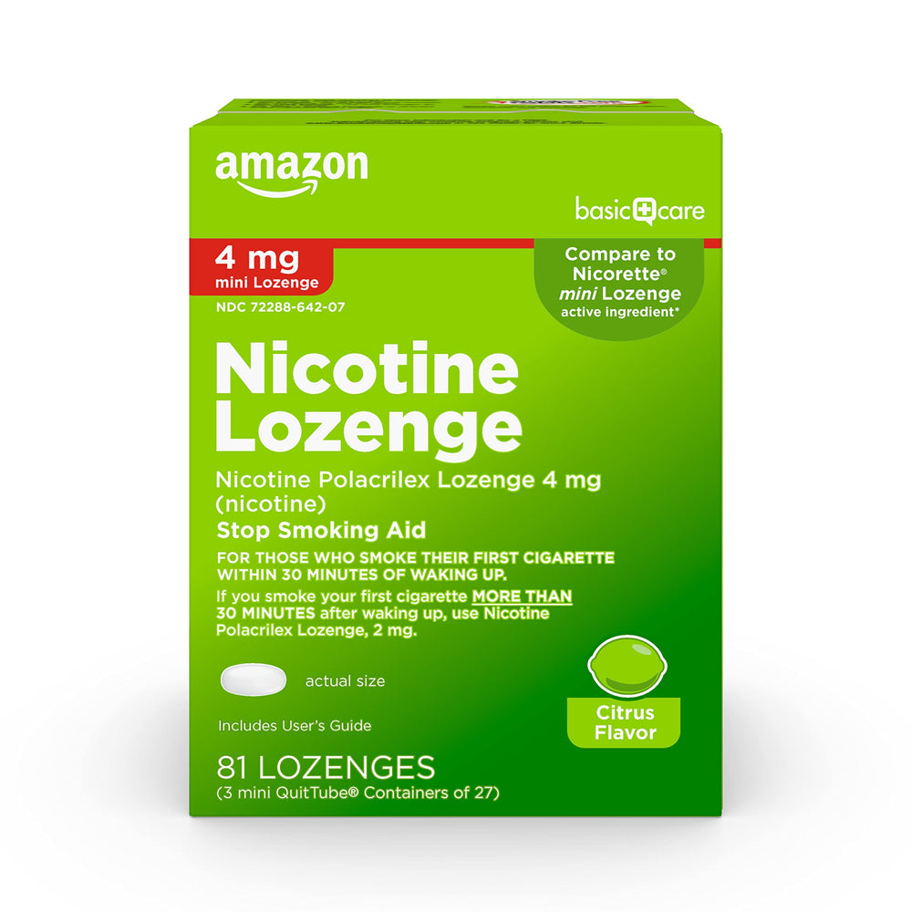Amazon Basic Care mini nicotine lozenge citrus 4 mg pack for on-the-go craving relief.