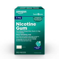 Amazon Basic Care nicotine gum 2 mg Arctic Mint front packaging supports planned smoking cessation.
