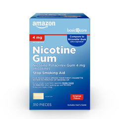 Amazon Basic Care nicotine gum 4 mg Original packaging, convenient start for cravings management.