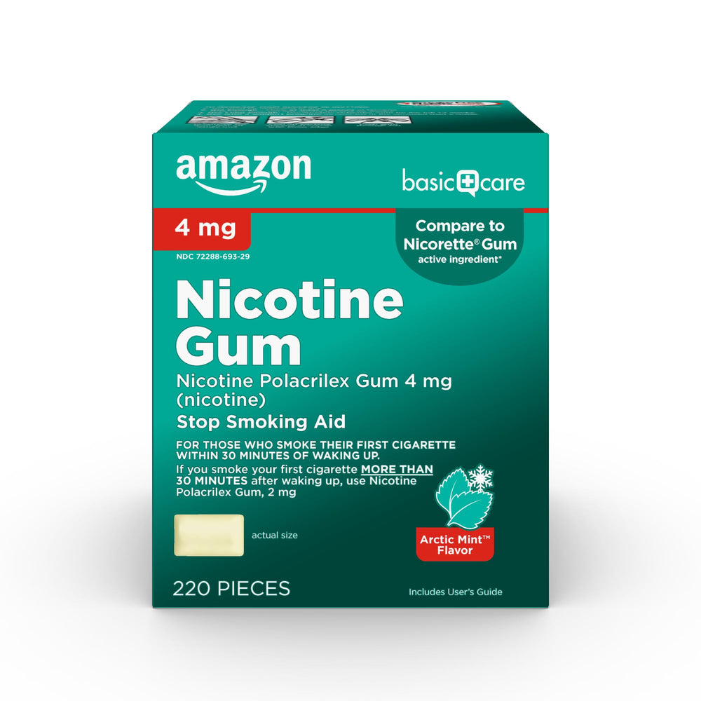 Amazon Basic Care nicotine gum mint 4 mg packaging supports cravings management