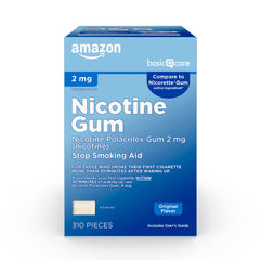 Amazon Basic Care nicotine gum 2 mg box front highlighting original flavor and 310-count packaging.