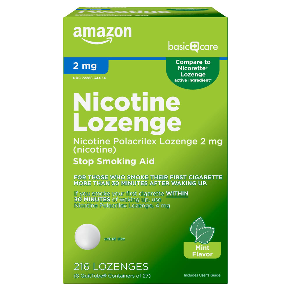 Amazon Basic Care Nicotine Polacrilex Lozenge packaging shown for discreet quit aid.