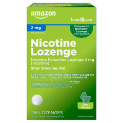 Amazon Basic Care Nicotine Polacrilex Lozenge packaging shown for discreet quit aid.