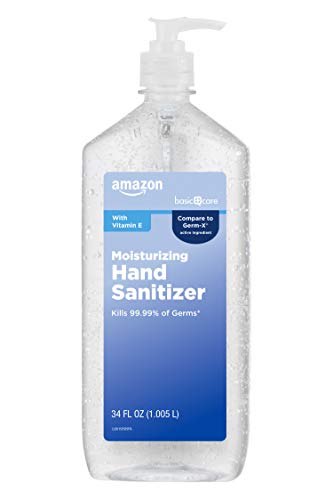Amazon Basic Care Original Hand Sanitizer bottle, pour view, designed for fast hand disinfection.