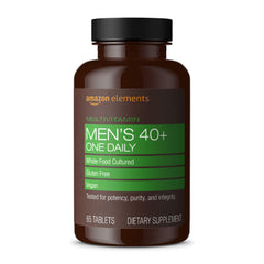 Amazon Elements Men's 40+ multivitamin bottle with label for daily wellness