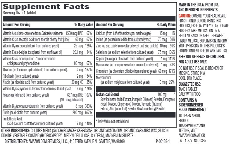 Amazon Elements Men's 40+ tablets close-up highlighting vegan formula