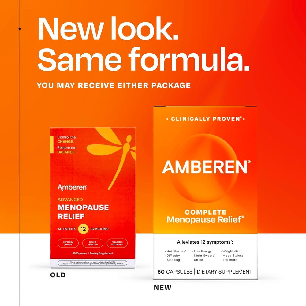 Amberen menopause packaging box highlights the science-backed formula for relief.