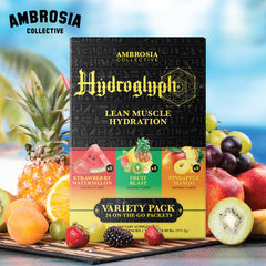 Ambrosia Hydroglyph glass with ice ready for a refreshing electrolyte drink.