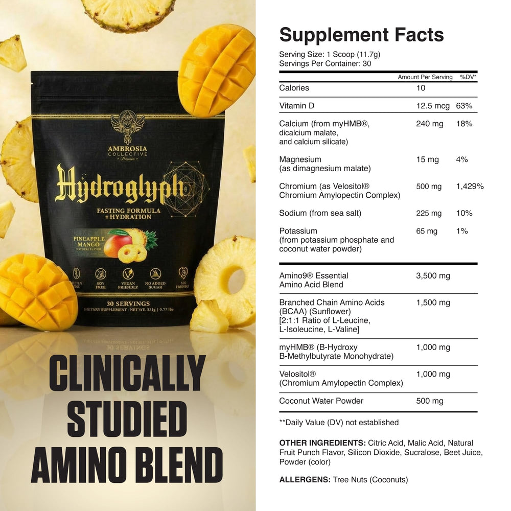 Ambrosia Hydroglyph pineapple mango mix in glass for delicious hydration.