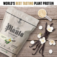 Ambrosia Planta ingredients shot featuring pea, brown rice, and sunflower protein sources.