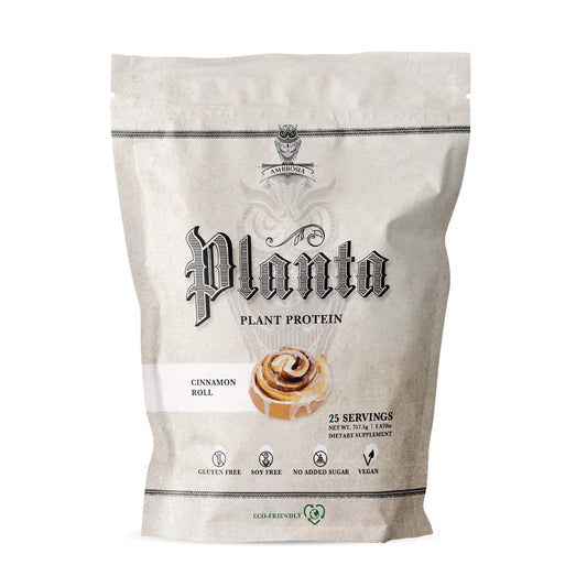 Ambrosia Planta cinnamon roll protein powder tub for dairy-free, complete protein.