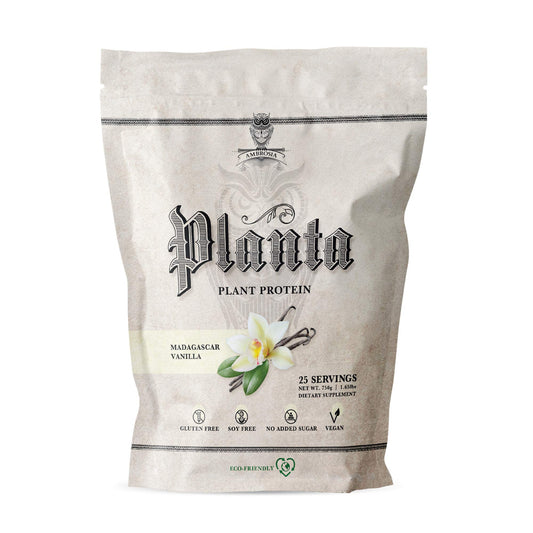 Ambrosia Planta vanilla protein powder bottle with complete amino profile for plant-based fueling.