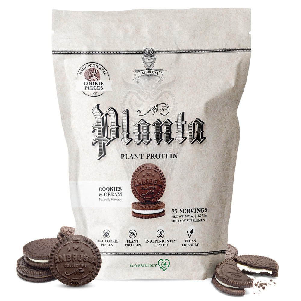 Ambrosia Planta Cookies Cream tub front shows vegan protein for muscle support.
