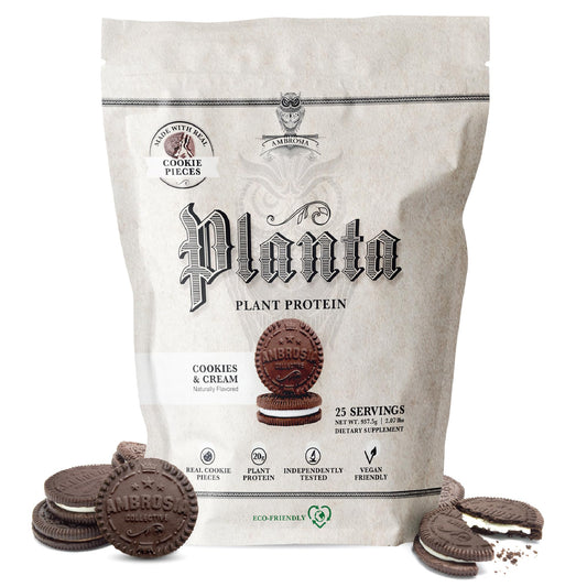 Ambrosia Planta Cookies Cream tub front shows vegan protein for muscle support.