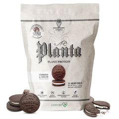Ambrosia Planta Cookies Cream tub front shows vegan protein for muscle support.