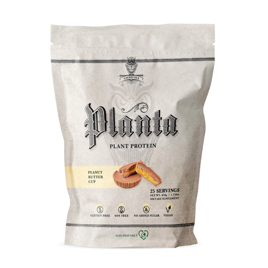 Ambrosia Planta tub front highlighting 20 g protein and no added sugar.