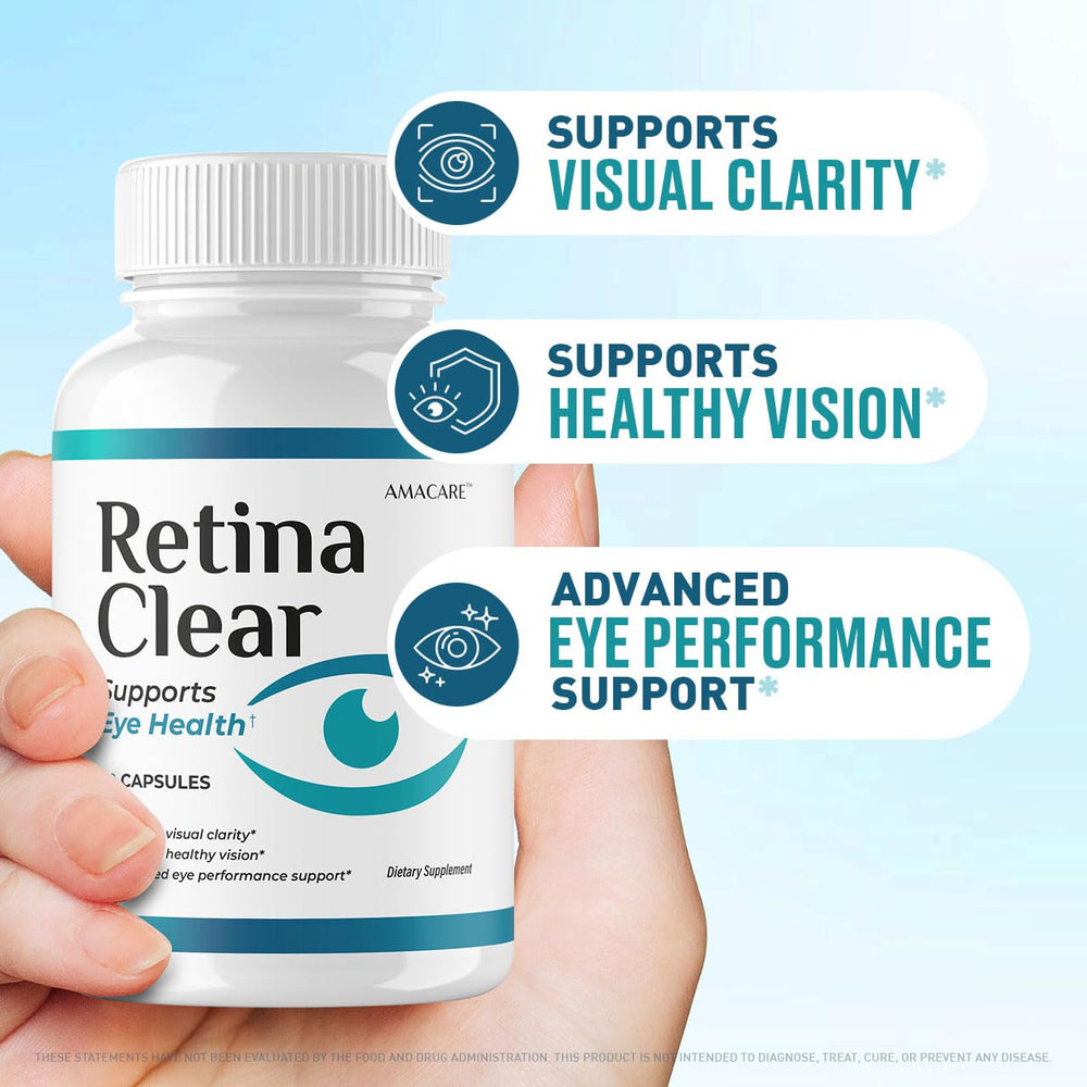 AMACARE Retina Clear capsules pour showing convenient daily dose for eye wellness.
