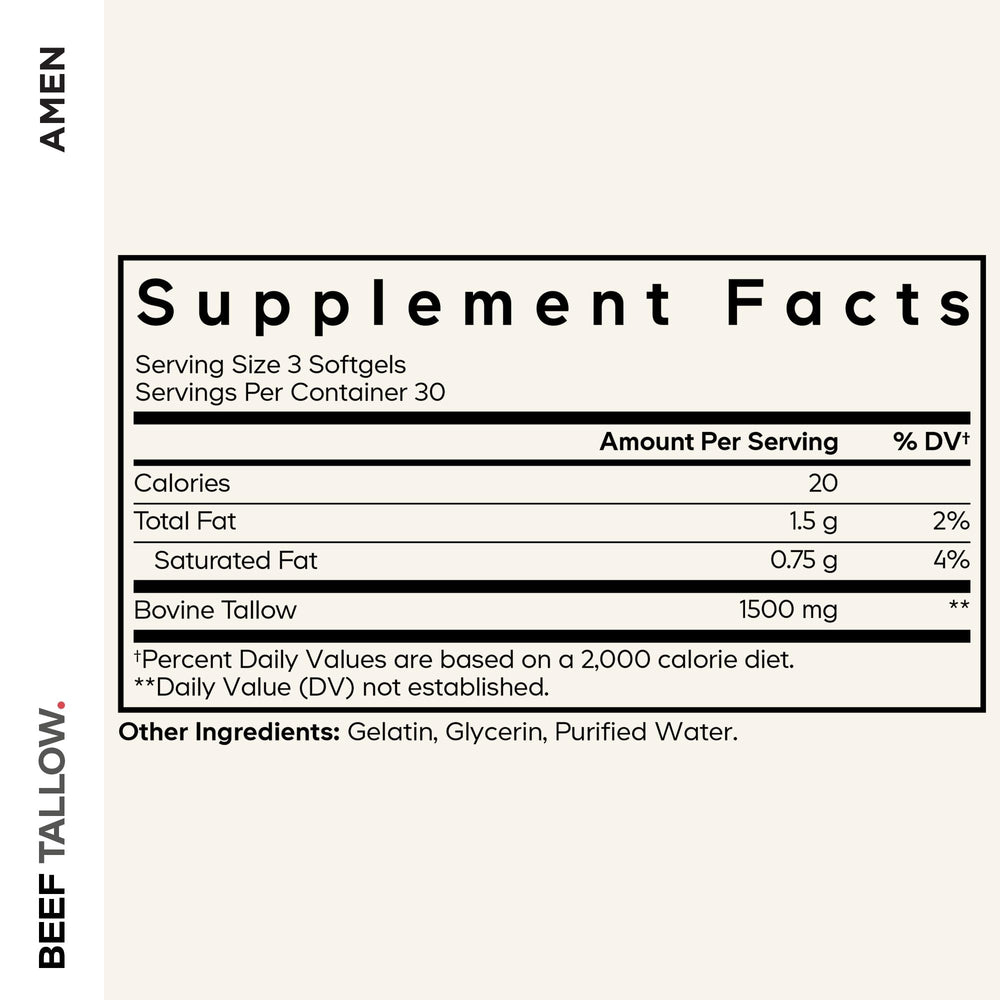 Amen Beef Tallow capsules closeup showing easy-to-swallow softgels.
