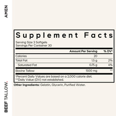 Amen Beef Tallow capsules closeup showing easy-to-swallow softgels.