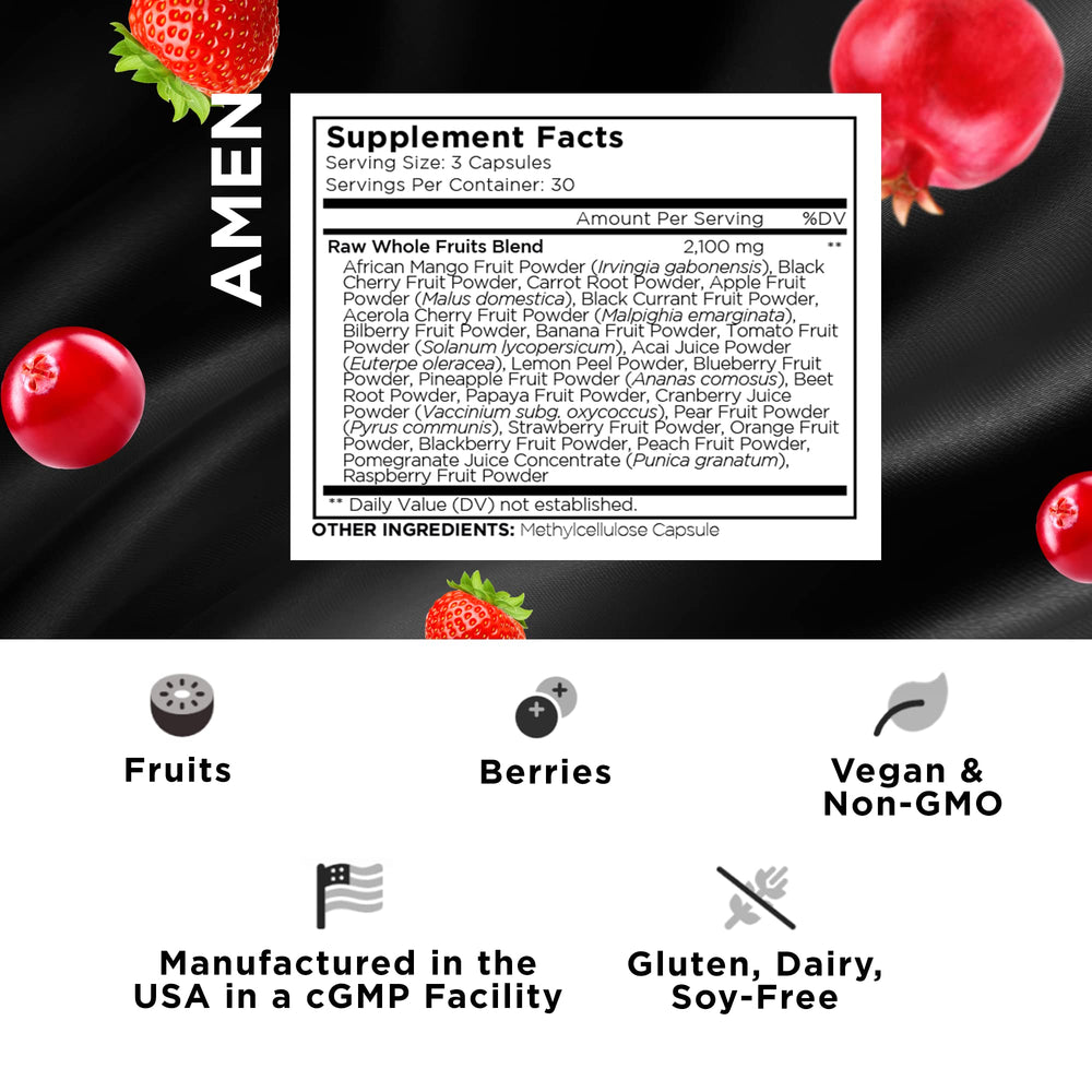 Close-up of Amen Fruits powder blend capsules highlighting fruit-based nutrients for daily nourishment.