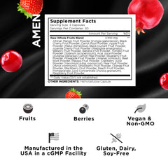 Close-up of Amen Fruits powder blend capsules highlighting fruit-based nutrients for daily nourishment.