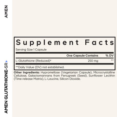 Amen Glutathione-SR+ bottle label close-up highlighting vegan and non-GMO attributes