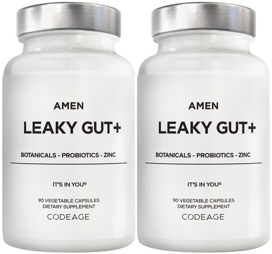 Amen Leaky Gut+ bottle with capsules for vegan gut support.