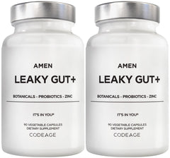 Amen Leaky Gut+ bottle with capsules for vegan gut support.