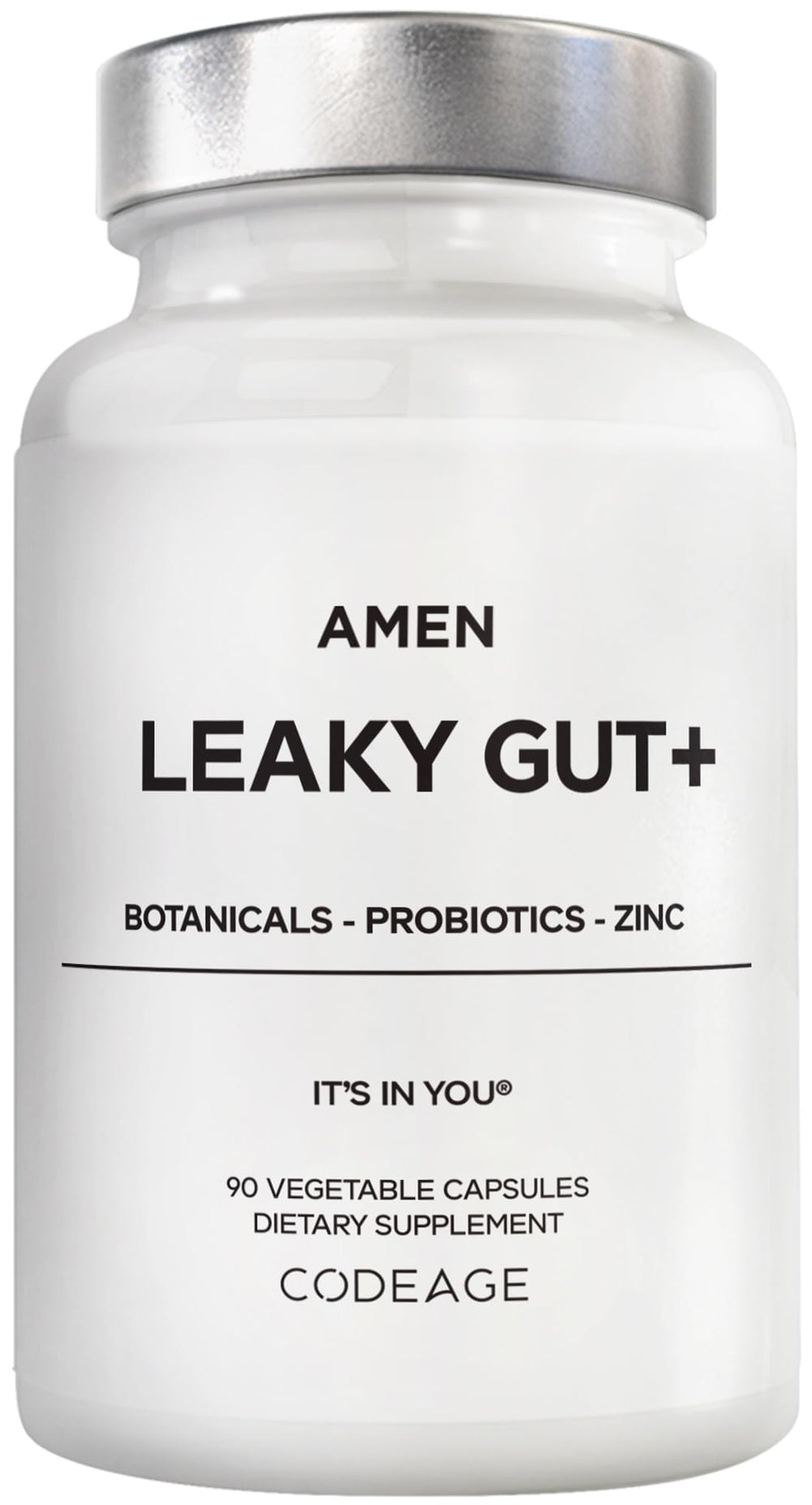 Amen Leaky Gut+ bottle and capsules for convenient daily support.
