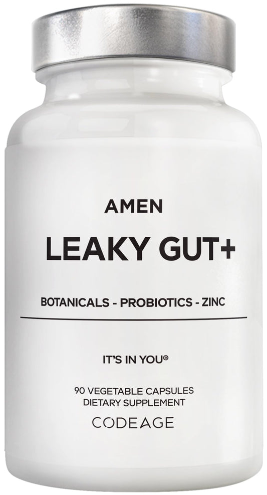 Amen Leaky Gut+ bottle and capsules for convenient daily support.