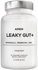 Amen Leaky Gut+ bottle and capsules for convenient daily support.