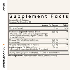 Close-up of Amen Leaky Gut+ capsules, vegan supplement.