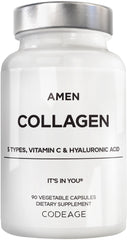 Amen Multi Collagen capsules bottle closeup, convenient daily supplement for overall wellness.